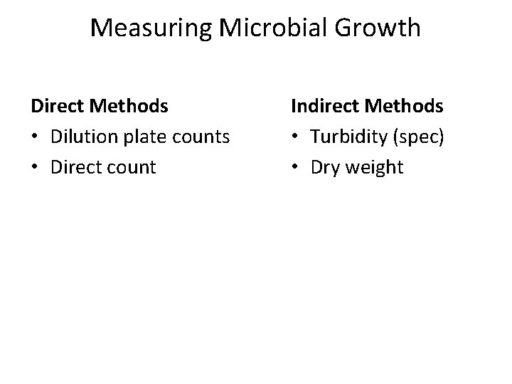 Measuring Microbial Growth Direct Methods • Dilution plate counts • Direct count Indirect Methods