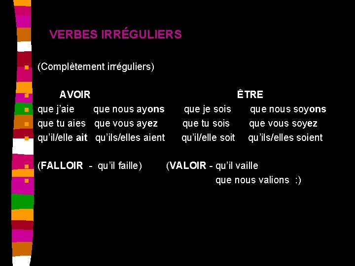 VERBES IRRÉGULIERS n (Complètement irréguliers) n n AVOIR que j’aie que nous ayons que