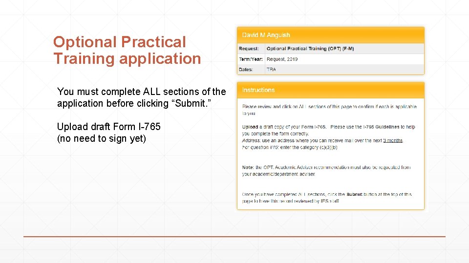 Optional Practical Training application You must complete ALL sections of the application before clicking