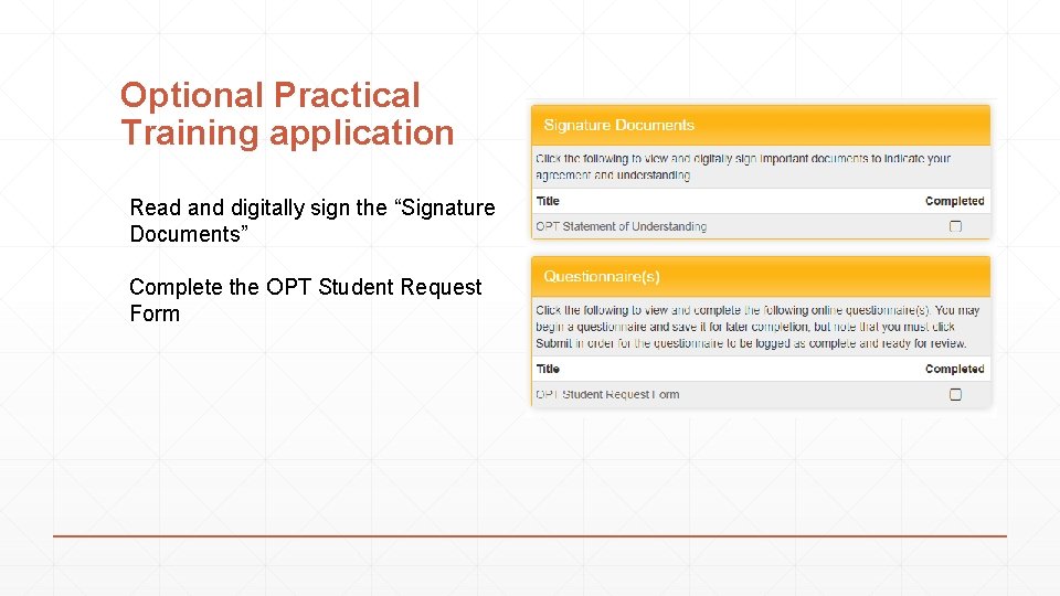 Optional Practical Training application Read and digitally sign the “Signature Documents” Complete the OPT