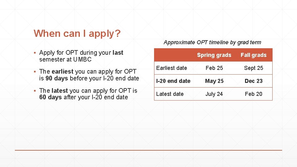 When can I apply? Approximate OPT timeline by grad term ▪ Apply for OPT