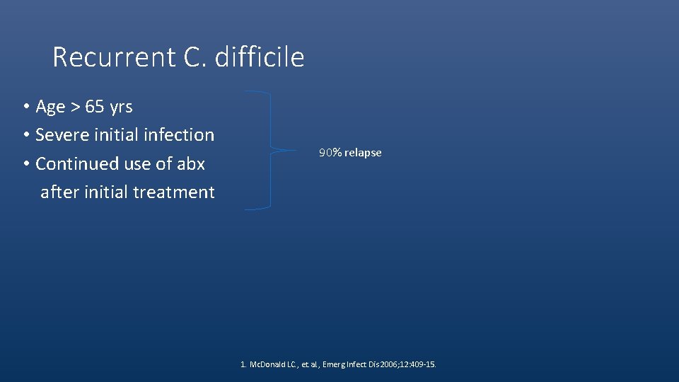 Recurrent C. difficile • Age > 65 yrs • Severe initial infection • Continued