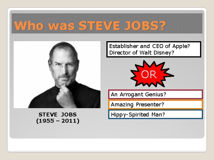 Who was STEVE JOBS? Establisher and CEO of Apple? Director of Walt Disney? OR