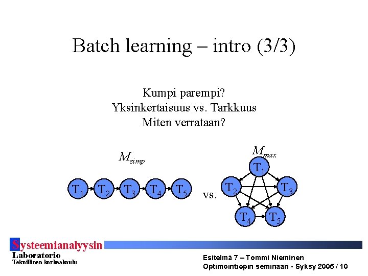 Batch learning – intro (3/3) Kumpi parempi? Yksinkertaisuus vs. Tarkkuus Miten verrataan? Mmax T