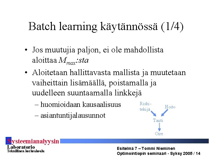 Batch learning käytännössä (1/4) • Jos muutujia paljon, ei ole mahdollista aloittaa Mmax: sta