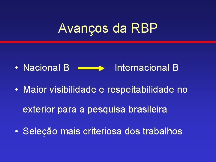 Avanços da RBP • Nacional B Internacional B • Maior visibilidade e respeitabilidade no