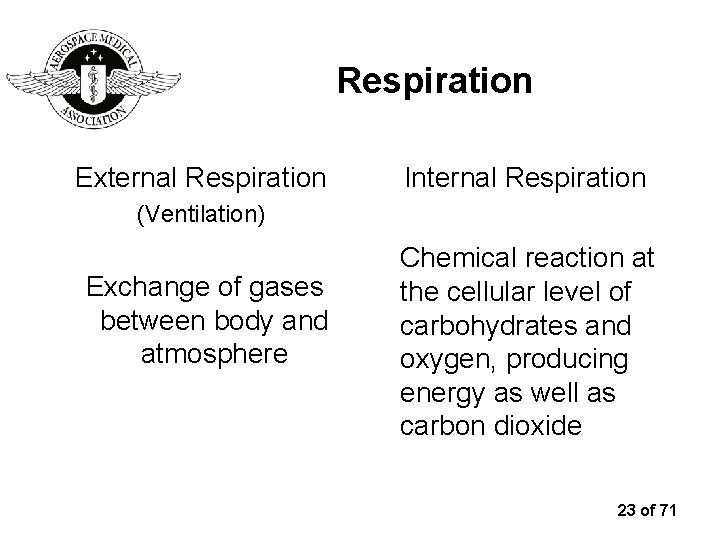 Respiration External Respiration Internal Respiration (Ventilation) Exchange of gases between body and atmosphere Chemical
