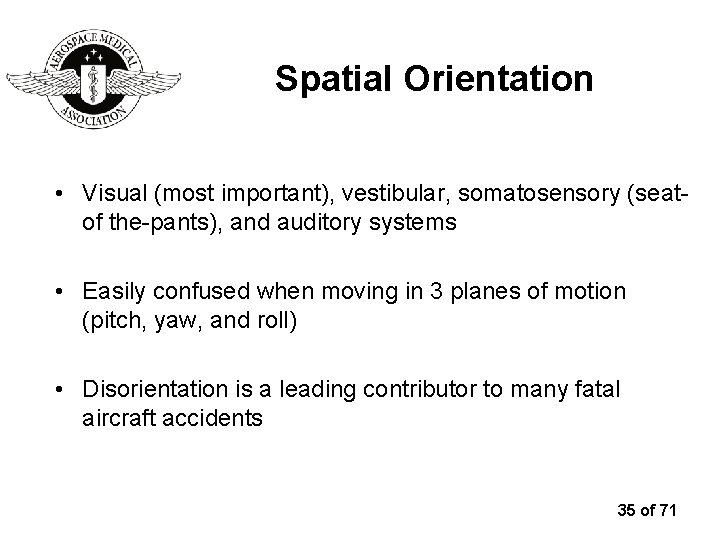 Spatial Orientation • Visual (most important), vestibular, somatosensory (seatof the-pants), and auditory systems •