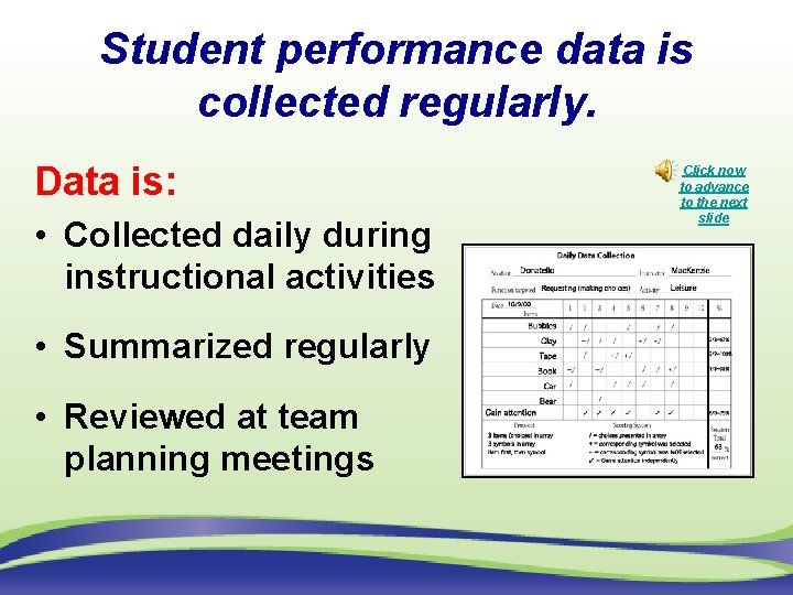 Student performance data is collected regularly. Data is: • Collected daily during instructional activities