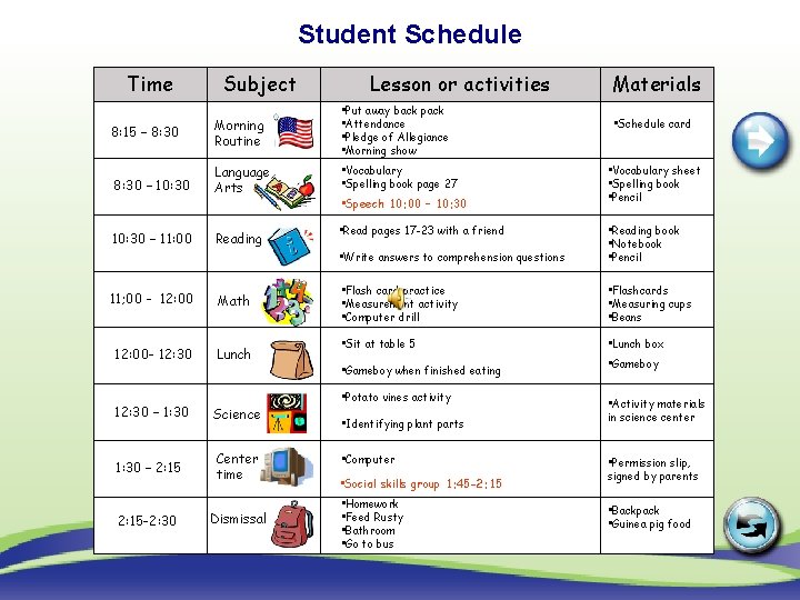 Student Schedule Time Subject Lesson or activities 8: 15 – 8: 30 Morning Routine