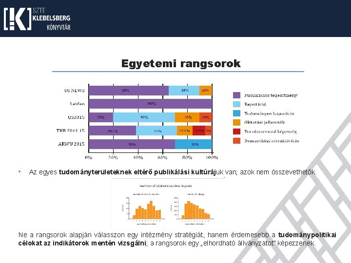 Egyetemi rangsorok • Az egyes tudományterületeknek eltérő publikálási kultúrájuk van; azok nem összevethetők. Ne