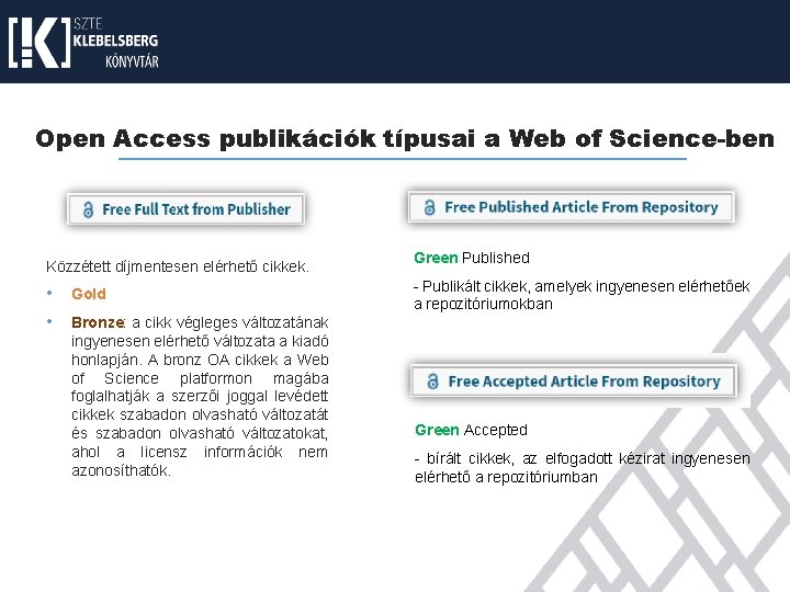 Open Access publikációk típusai a Web of Science-ben Közzétett díjmentesen elérhető cikkek. • Gold