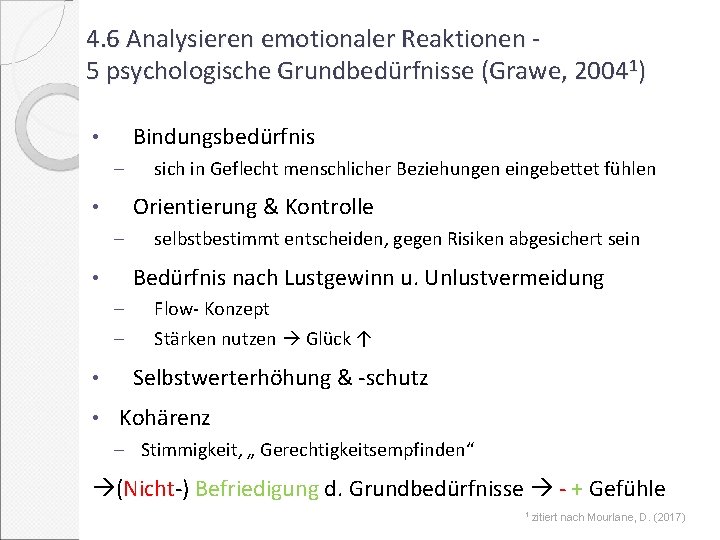 4. 6 Analysieren emotionaler Reaktionen 5 psychologische Grundbedürfnisse (Grawe, 20041) Bindungsbedürfnis • - Orientierung