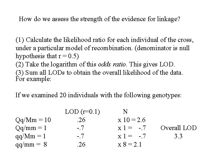 How do we assess the strength of the evidence for linkage? (1) Calculate the