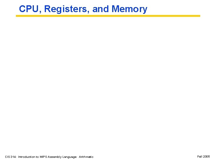 CPU, Registers, and Memory CIS 314: Introduction to MIPS Assembly Language: Arithmetic Fall 2005
