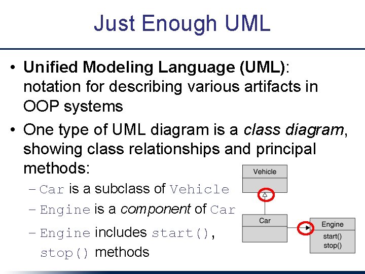 Just Enough UML • Unified Modeling Language (UML): notation for describing various artifacts in