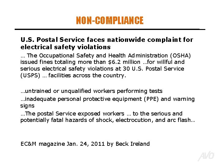 NON-COMPLIANCE U. S. Postal Service faces nationwide complaint for electrical safety violations … The