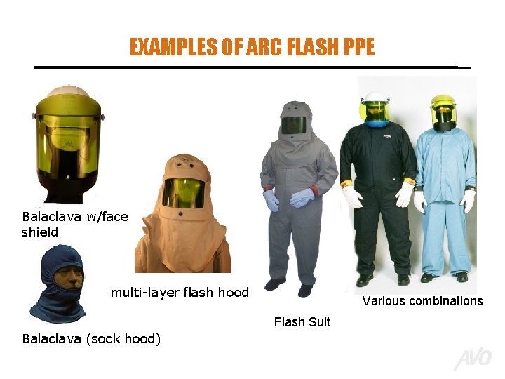 EXAMPLES OF ARC FLASH PPE Balaclava w/face shield multi-layer flash hood Various combinations Flash