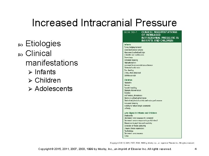 Increased Intracranial Pressure Etiologies Clinical manifestations Ø Ø Ø Infants Children Adolescents Copyright ©