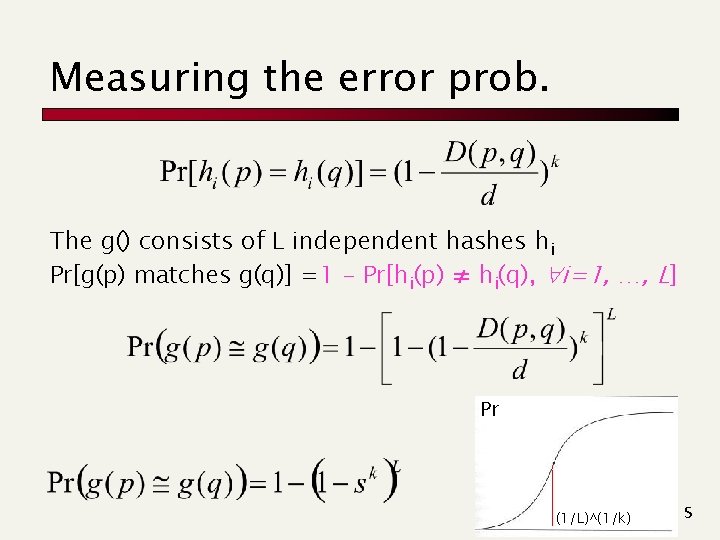 Measuring the error prob. The g() consists of L independent hashes hi Pr[g(p) matches