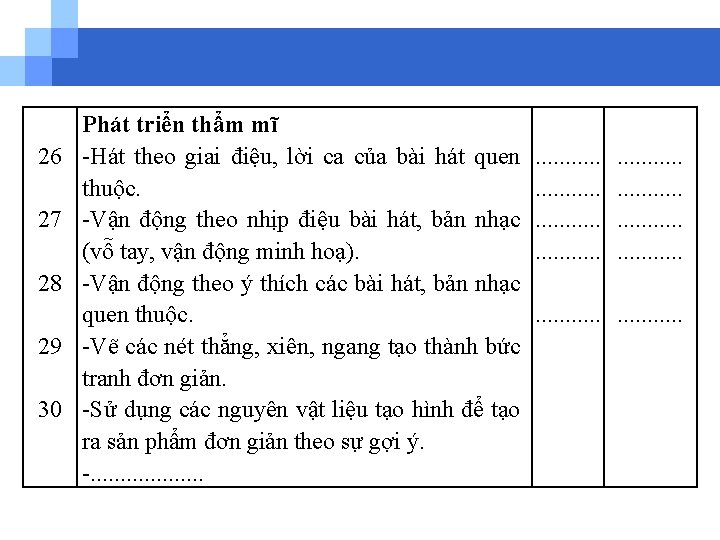  26 27 28 29 30 Phát triển thẩm mĩ Hát theo giai điệu,