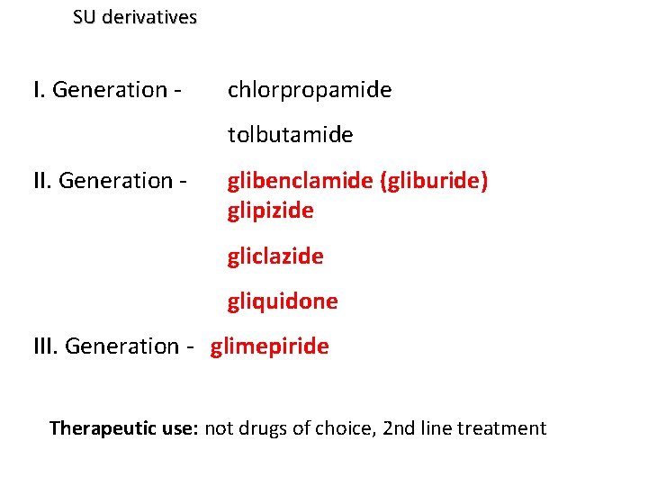SU derivatives I. Generation - chlorpropamide tolbutamide II. Generation - glibenclamide (gliburide) glipizide gliclazide