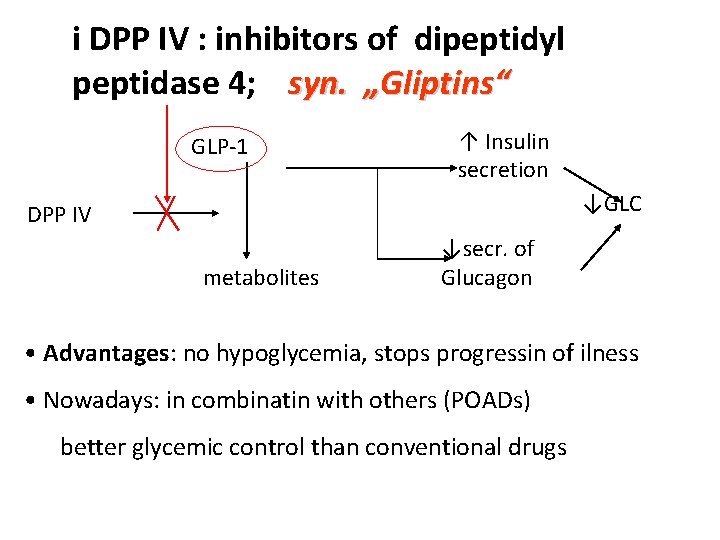 i DPP IV : inhibitors of dipeptidyl peptidase 4; syn. „Gliptins“ GLP-1 ↑ Insulin
