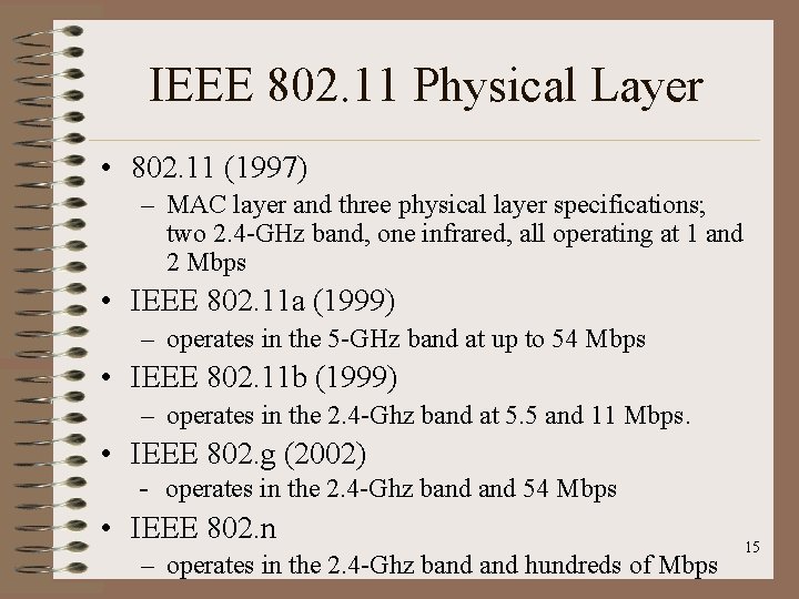 IEEE 802. 11 Physical Layer • 802. 11 (1997) – MAC layer and three