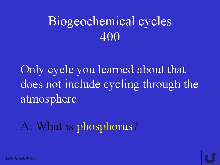 Biogeochemical cycles 400 Only cycle you learned about that does not include cycling through