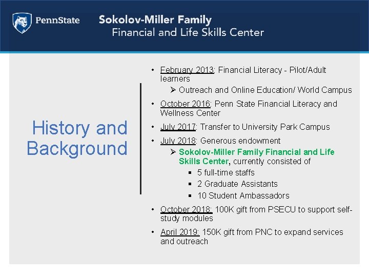  • February 2013: Financial Literacy - Pilot/Adult learners Ø Outreach and Online Education/
