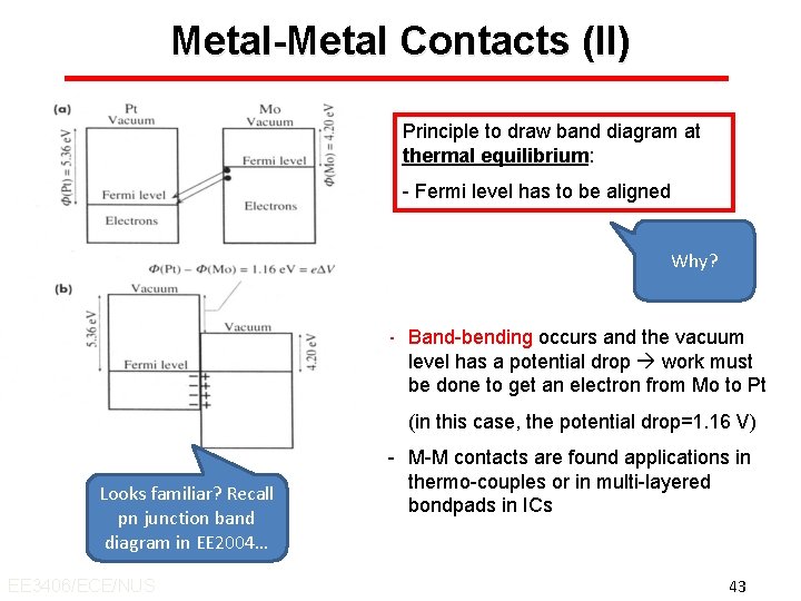 Metal-Metal Contacts (II) Principle to draw band diagram at thermal equilibrium: - Fermi level