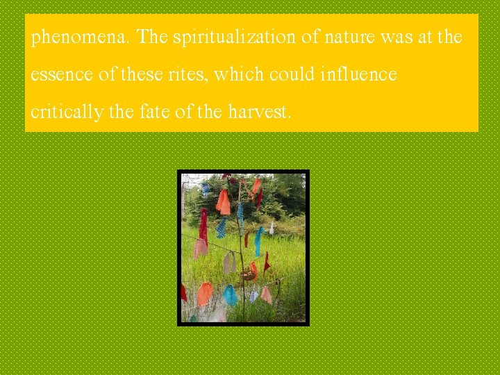 phenomena. The spiritualization of nature was at the essence of these rites, which could