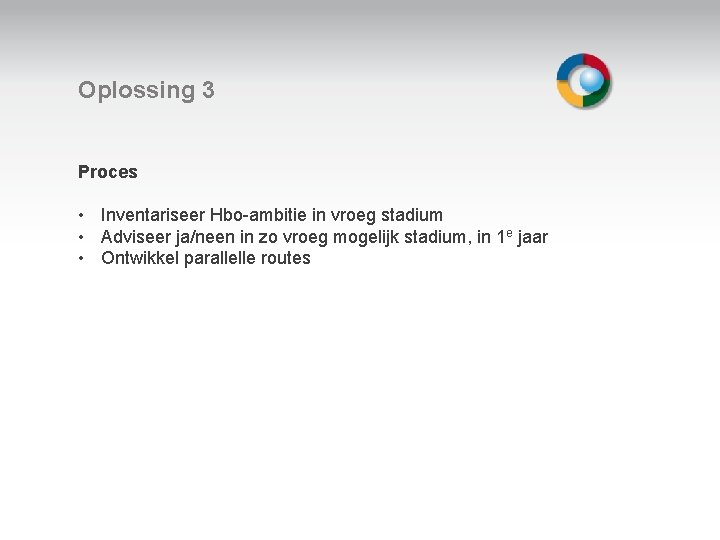 Oplossing 3 Proces • Inventariseer Hbo-ambitie in vroeg stadium • Adviseer ja/neen in zo