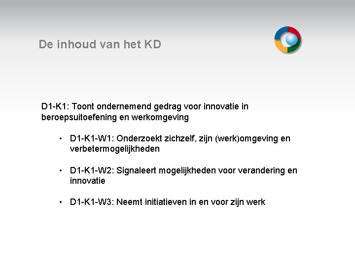 De inhoud van het KD D 1 -K 1: Toont ondernemend gedrag voor innovatie