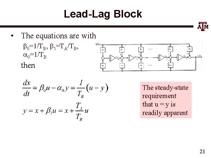 Lead-Lag Block • The equations are with b 0=1/TB, b 1=TA/TB, a 0=1/TB then
