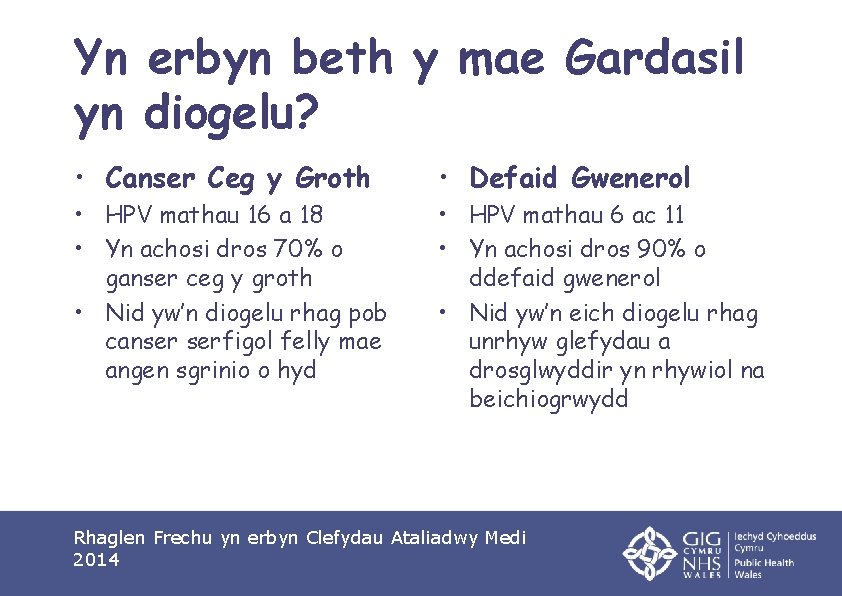 Yn erbyn beth y mae Gardasil yn diogelu? • Canser Ceg y Groth •