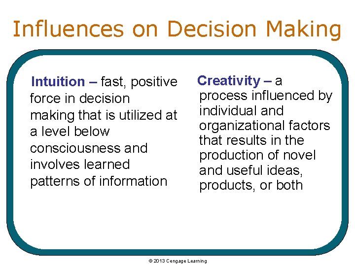 Influences on Decision Making Intuition – fast, positive force in decision making that is