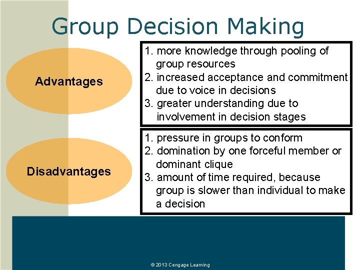 Group Decision Making Advantages 1. more knowledge through pooling of group resources 2. increased