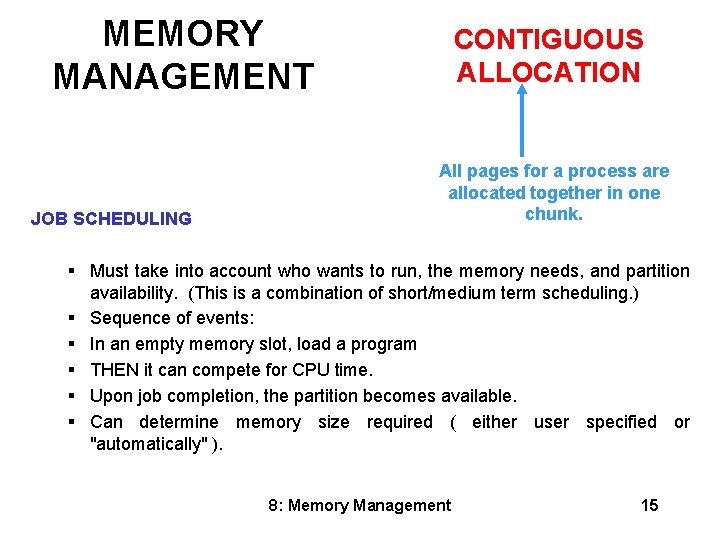 MEMORY MANAGEMENT CONTIGUOUS ALLOCATION All pages for a process are allocated together in one