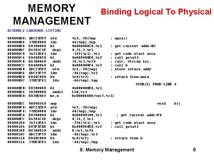 MEMORY MANAGEMENT Binding Logical To Physical ASSEMBLY LANGUAGE LISTING 000000 B 0: 6 BC