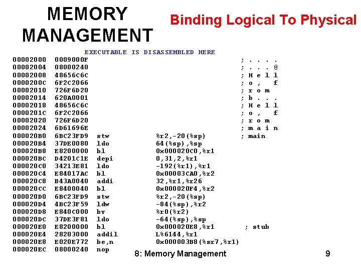 MEMORY MANAGEMENT Binding Logical To Physical EXECUTABLE IS DISASSEMBLED HERE 00002000 0009000 F ;