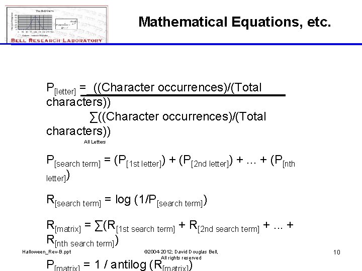 Mathematical Equations, etc. P[letter] = ((Character occurrences)/(Total characters)) ∑((Character occurrences)/(Total characters)) All Letters P[search