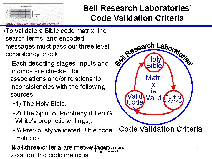 Bell Research Laboratories’ Code Validation Criteria • To validate a Bible code matrix, the
