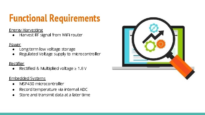 Functional Requirements Energy Harvesting ● Harvest RF signal from Wi. Fi router Power ●