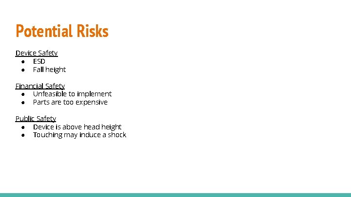 Potential Risks Device Safety ● ESD ● Fall height Financial Safety ● Unfeasible to