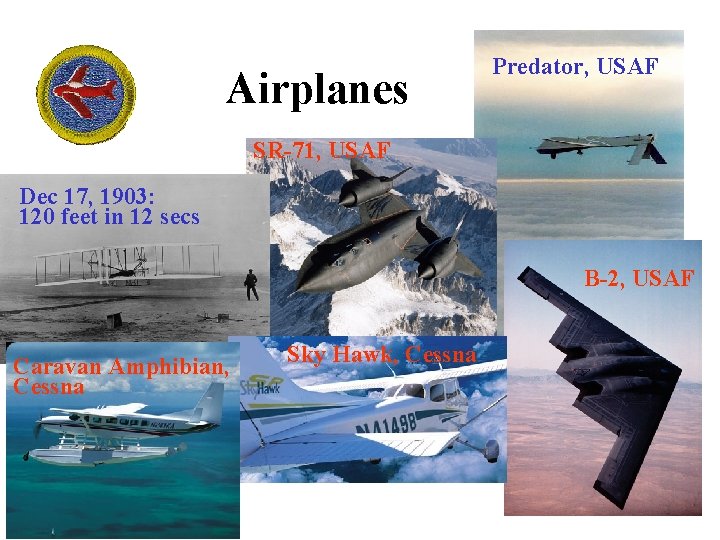 Airplanes Predator, USAF SR-71, USAF Dec 17, 1903: 120 feet in 12 secs B-2,