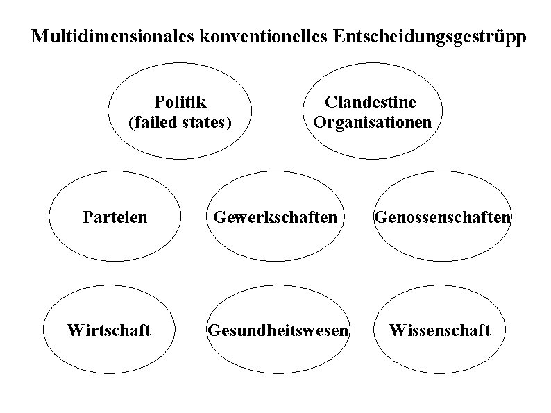 Multidimensionales konventionelles Entscheidungsgestrüpp Politik (failed states) Parteien Wirtschaft Clandestine Organisationen Gewerkschaften Genossenschaften Gesundheitswesen Wissenschaft