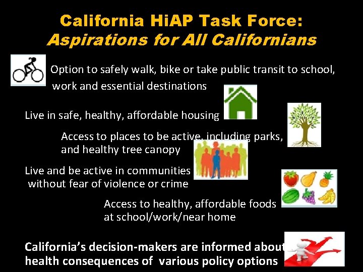 California Hi. AP Task Force: Aspirations for All Californians Option to safely walk, bike