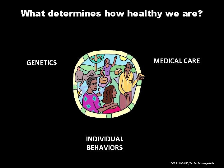 What determines how healthy we are? MEDICAL CARE GENETICS INDIVIDUAL BEHAVIORS 2012 NMAHC/M. Mc.