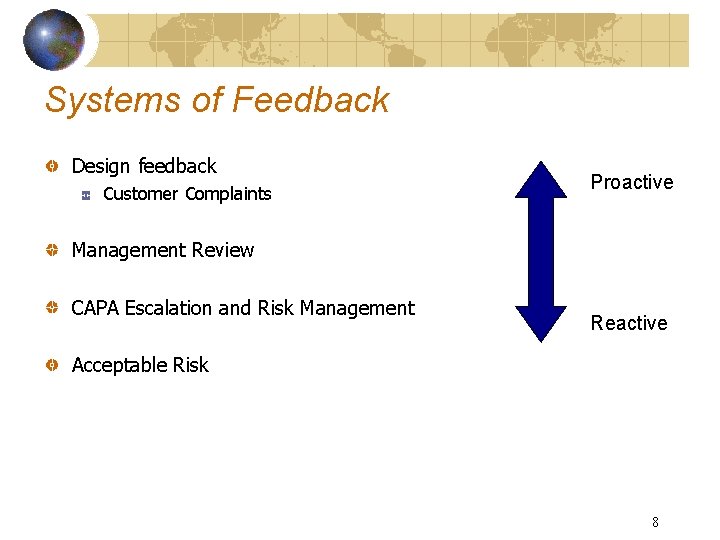 Systems of Feedback Design feedback Customer Complaints Proactive Management Review CAPA Escalation and Risk